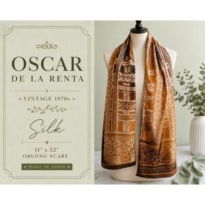 VTG 70s Oscar de la Renta Silk Paisley Damask  079 Scarf‎ OS Brown Gold Classic